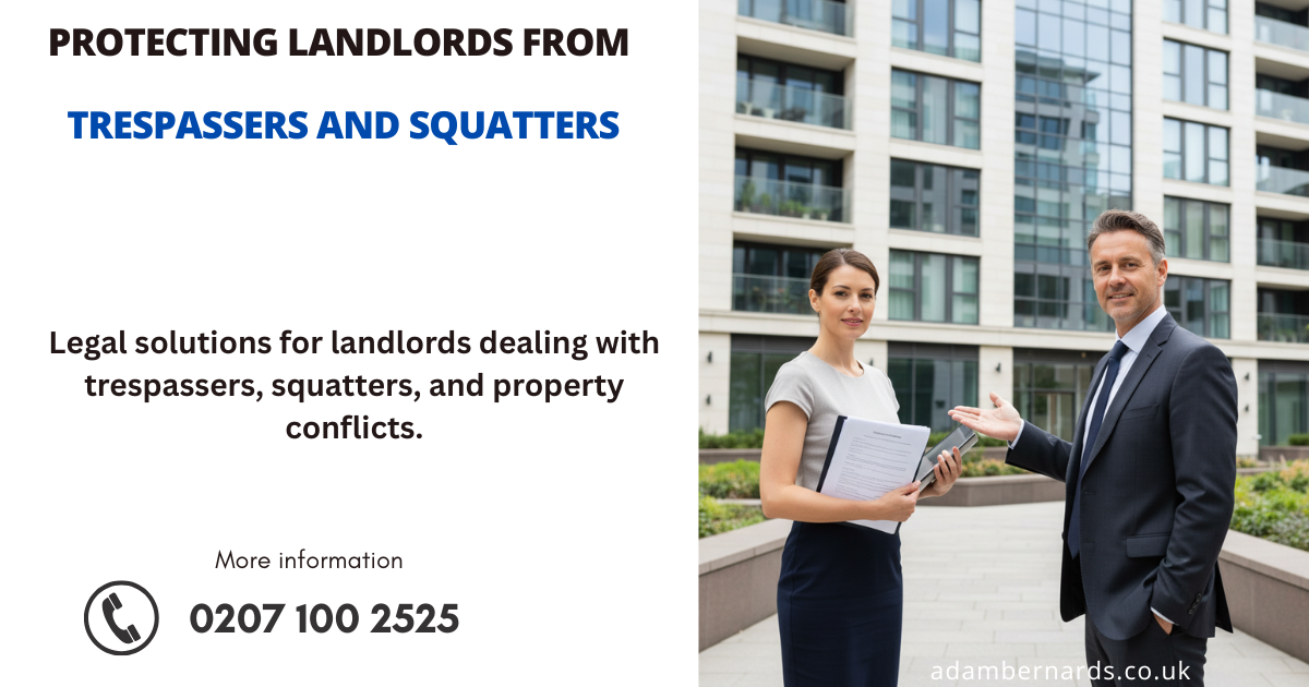 A landlord standing outside a residential property with a solicitor holding legal documents, representing Adam Bernard Solicitors providing expert advice on landlord trespass cases in London.